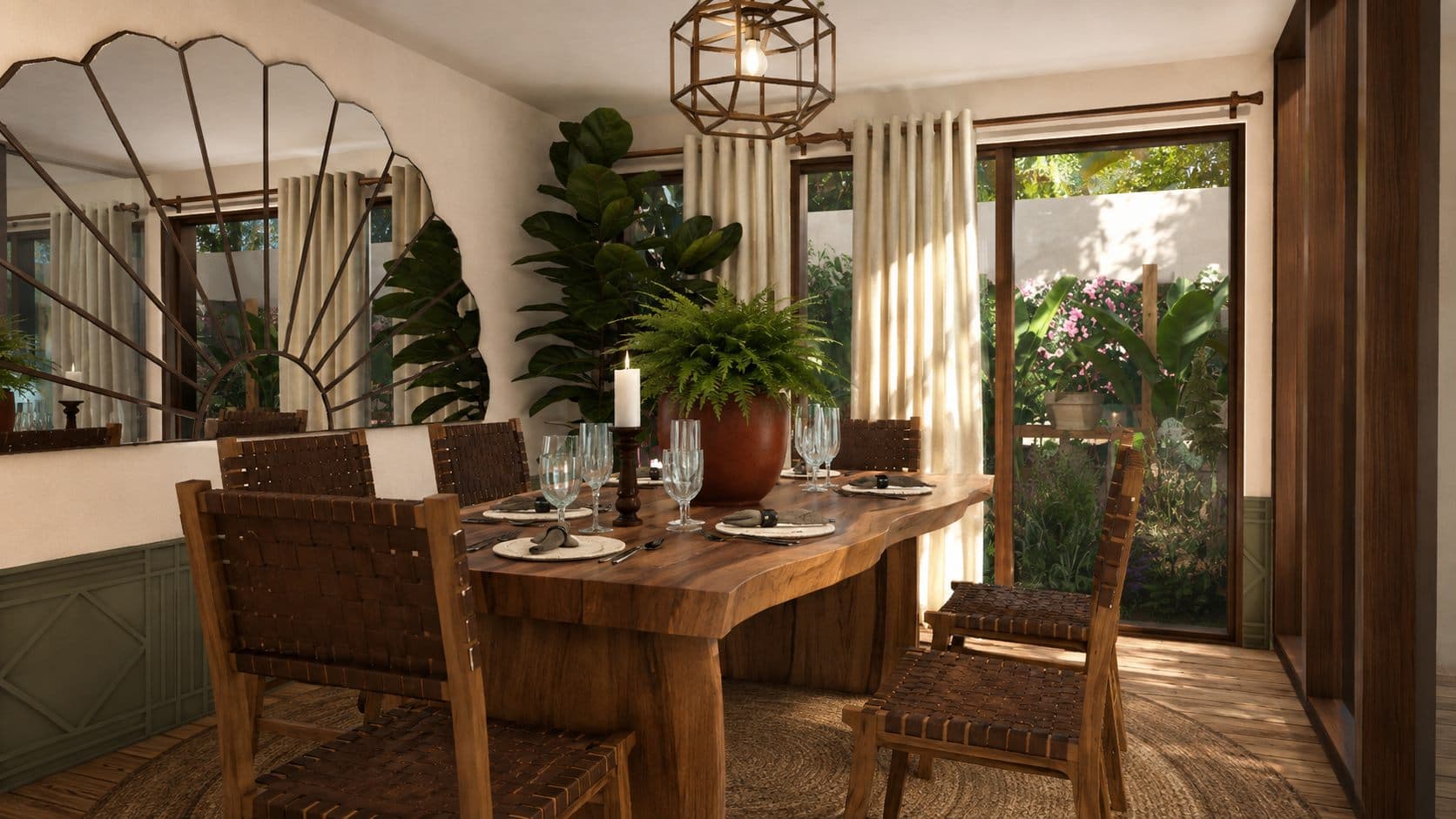 Comedor con mesa de madera maciza y espejo de bronce en abanico