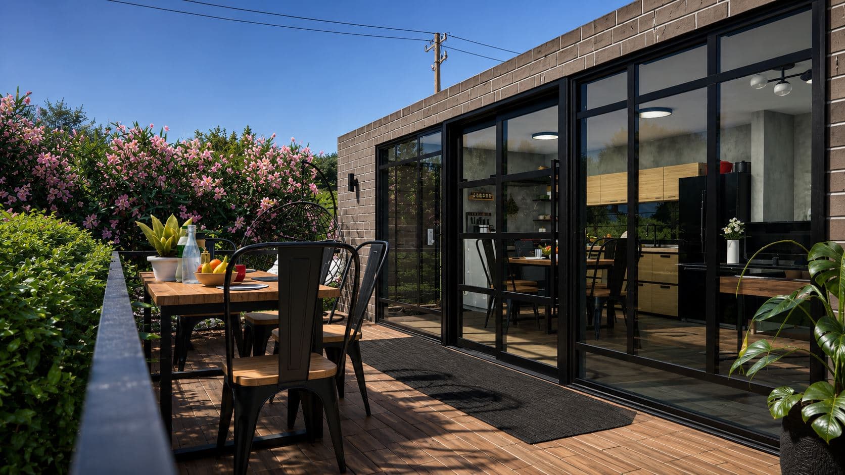 Patio con fachada de ladrillo visto