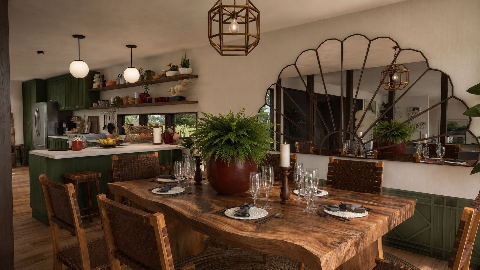 Vista amplia de cocina y comedor con acceso al jardín